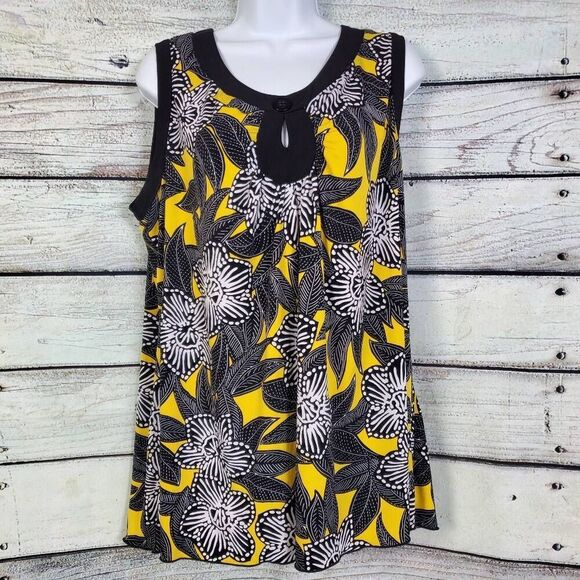 Cato Woman Plus Floral Sleeveless Top Yellow Black White 18/20W Keyhole Blouse - Picture 1 of 8